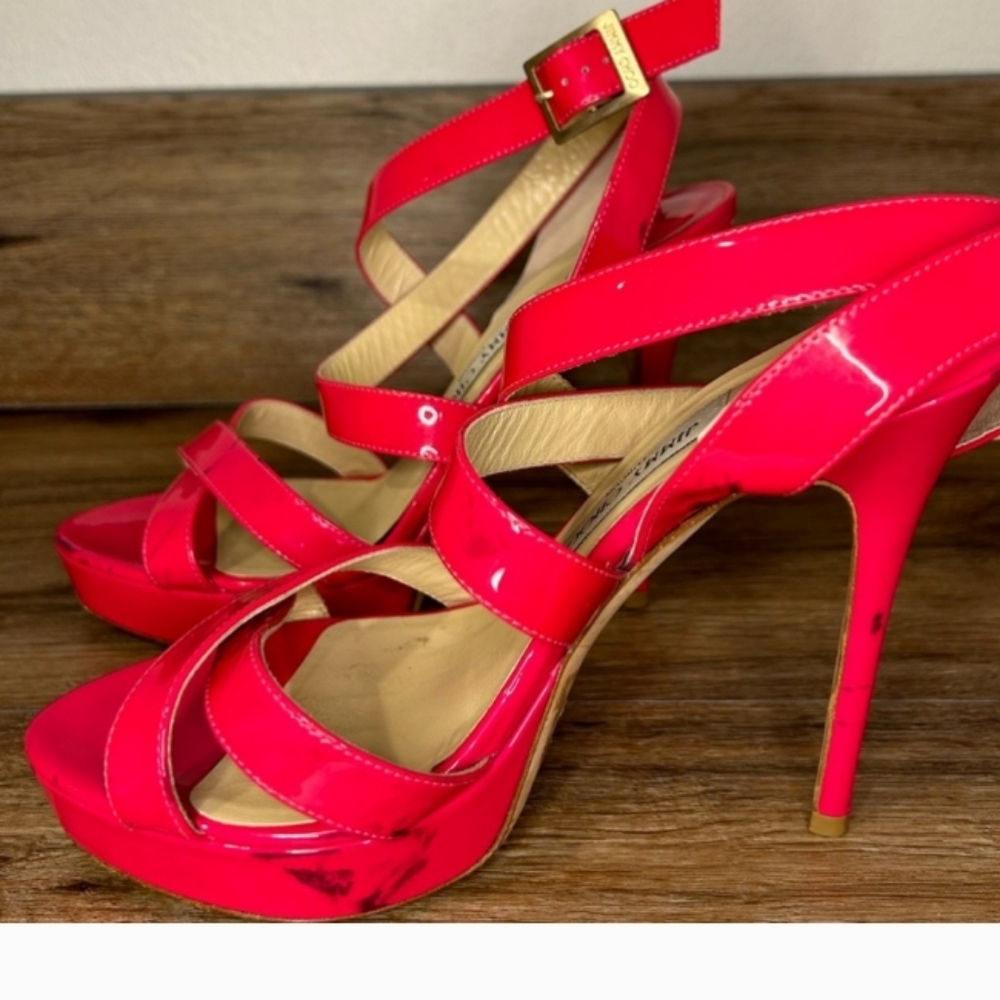 JIMMY CHOO “Louisa" Fuchsia Pink Strappy Platform Sandals Shoes 8.5M pre loved - Picture 13 of 15